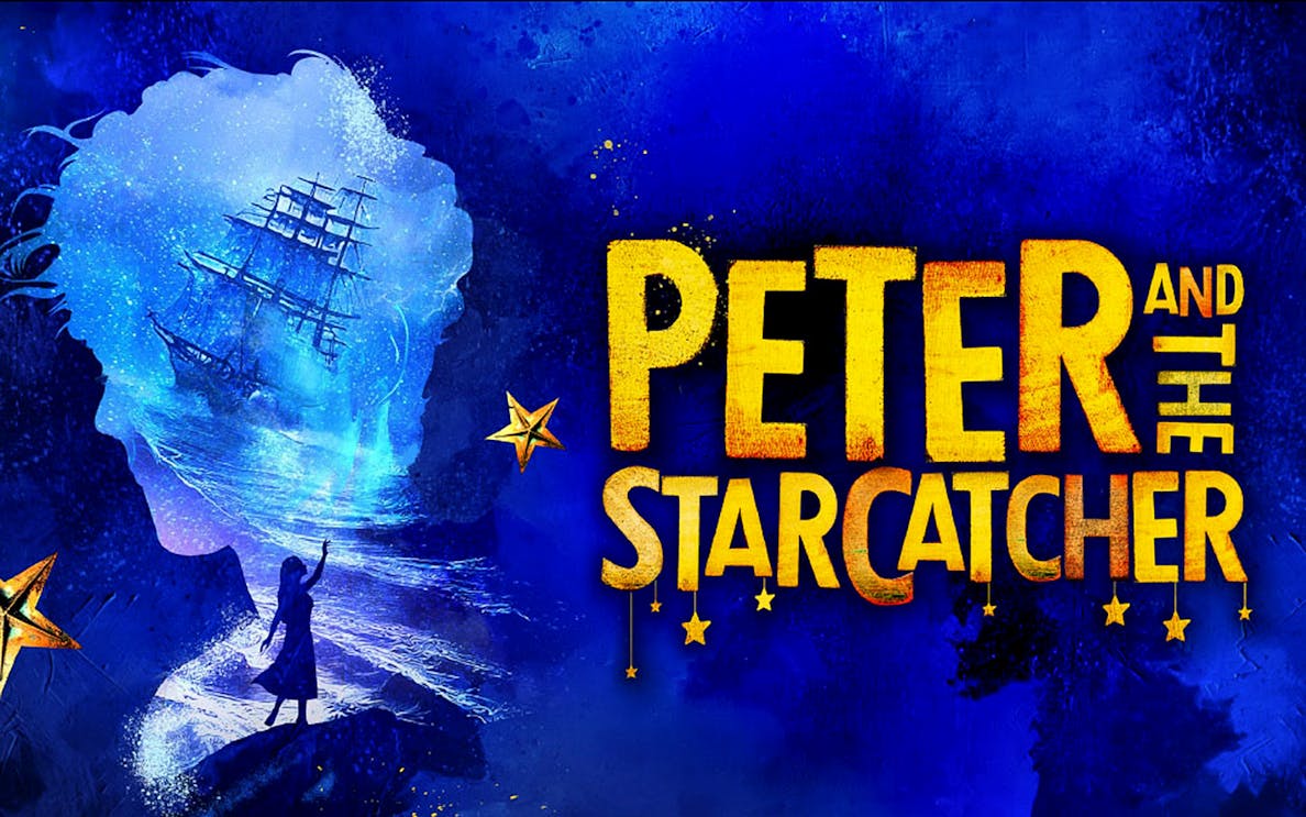 Silhouette of a child reaching towards a ship in a blue sea, "Peter and the Starcatcher" text.