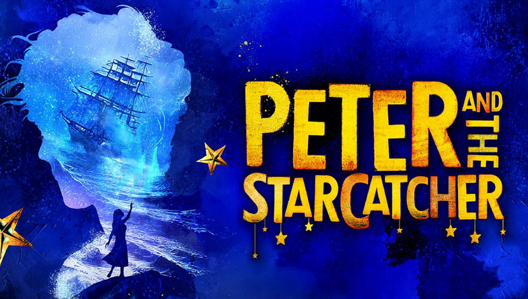 Silhouette of a child reaching towards a ship in a blue sea, with "Peter and the Starcatcher" text.