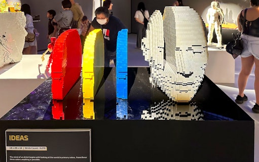 LEGO sculptures in primary colors at The Art of the Brick exhibition.