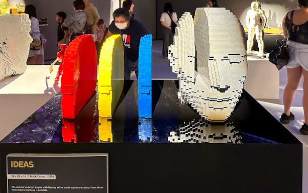 LEGO sculptures in primary colors at The Art of the Brick exhibition.