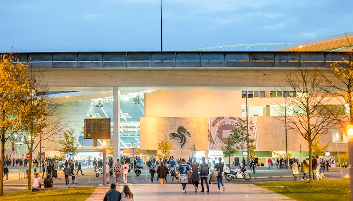 Visitors gathering outside FC Porto Stadium in Porto, Portugal.