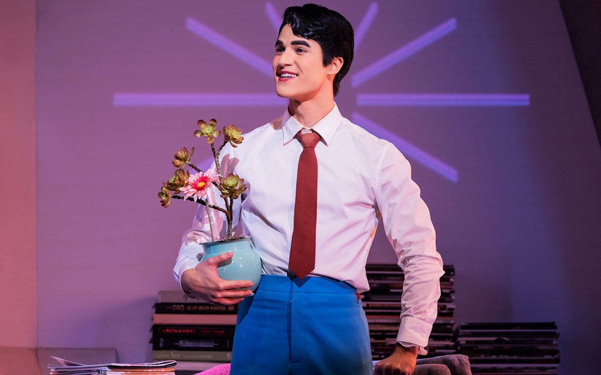 Performer holding a potted plant on stage during Maybe Happy Ending Broadway show.