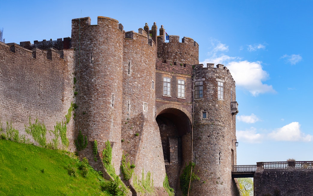 Dover Castle gateway with stone walls and towers, Kent, Southern England, UK.