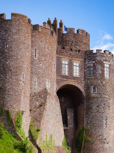 Dover Castle gateway with stone walls and towers, Kent, Southern England, UK.