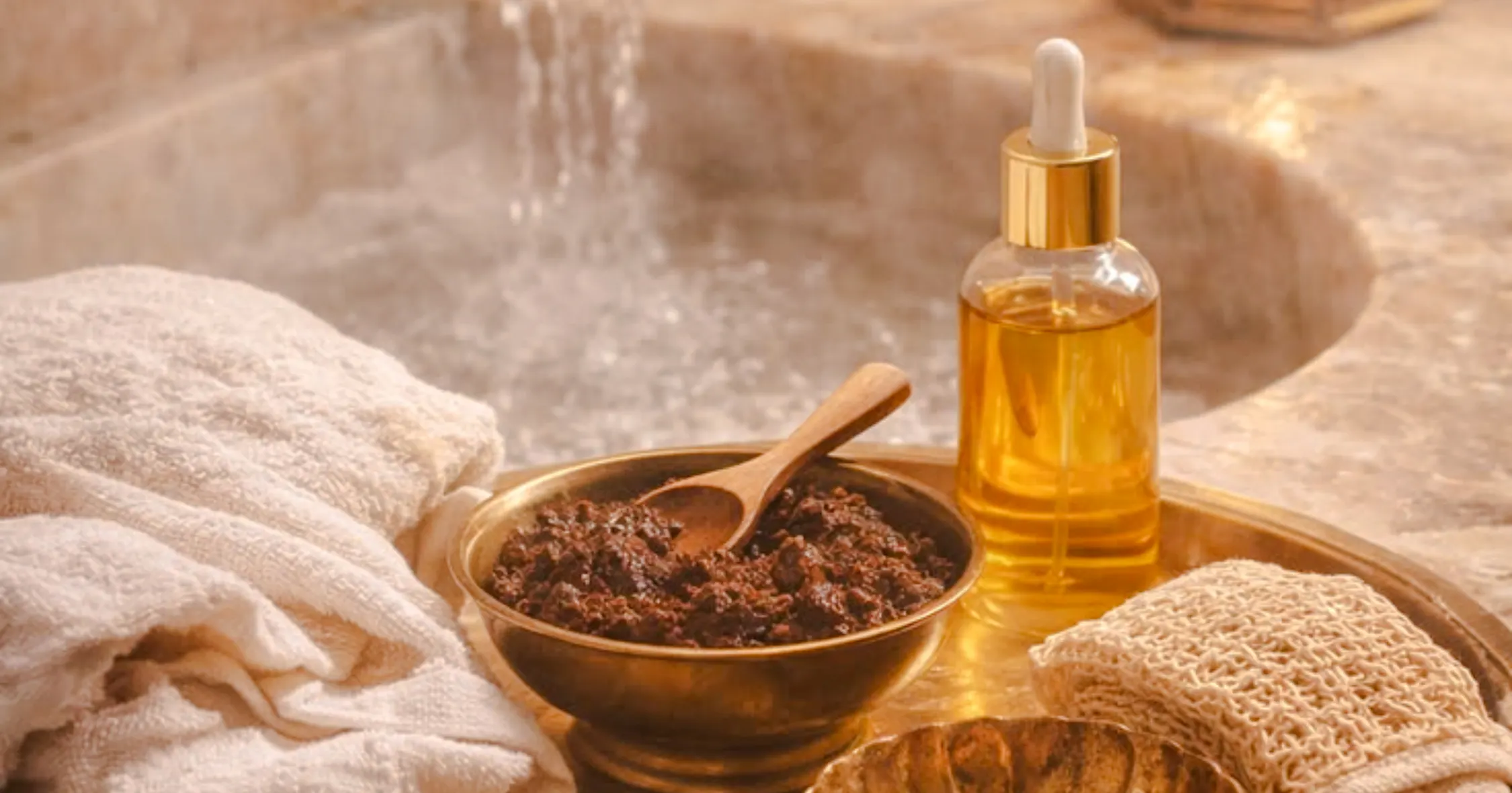 Traditional Marrakchi hammam items with argan oil and exfoliating scrub in Marrakesh spa.