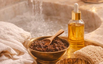 Traditional Marrakchi hammam items with argan oil and exfoliating scrub in Marrakesh spa.