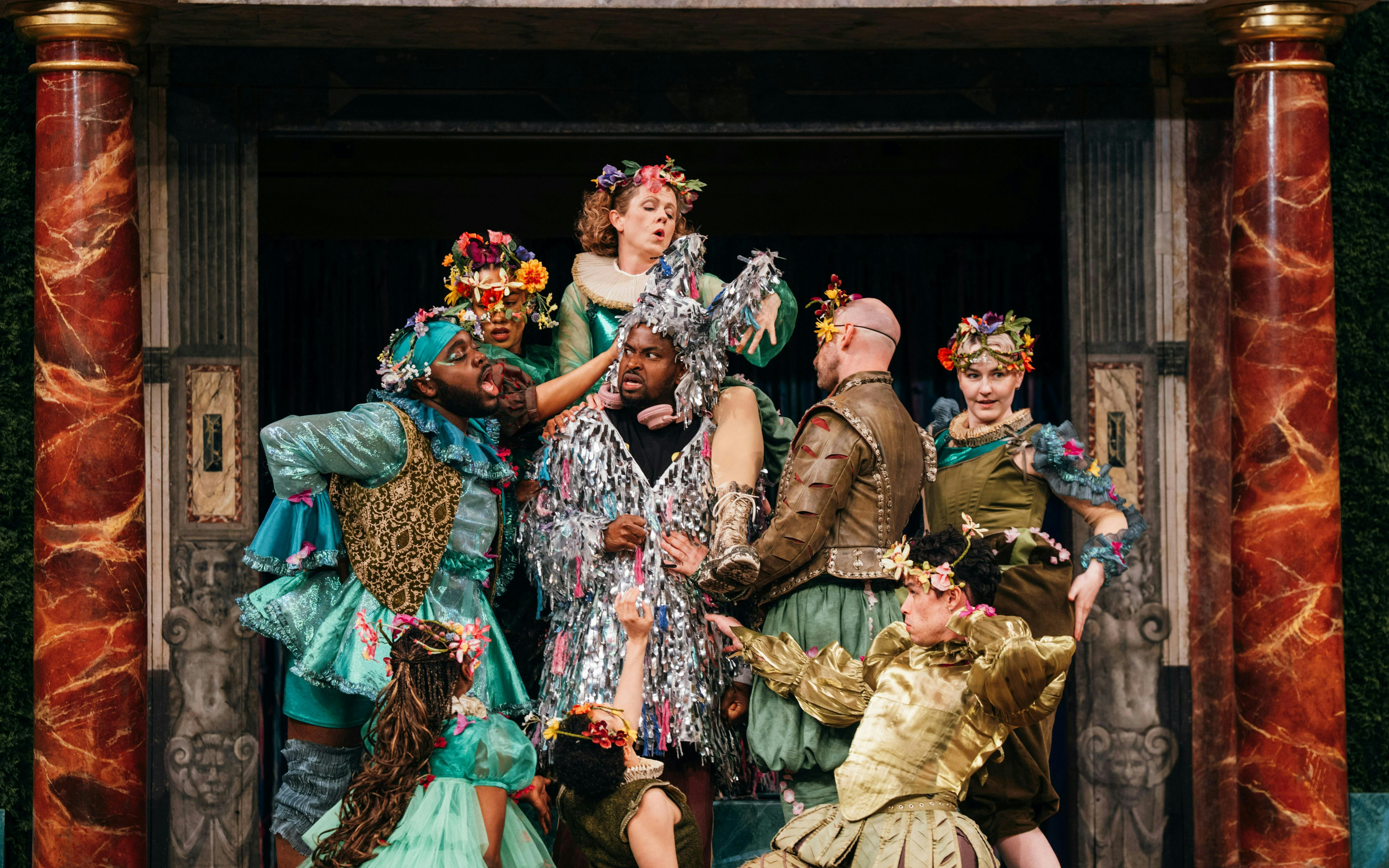 Stage performance of A Midsummer Night’s Dream with actors in colorful costumes, Westend.