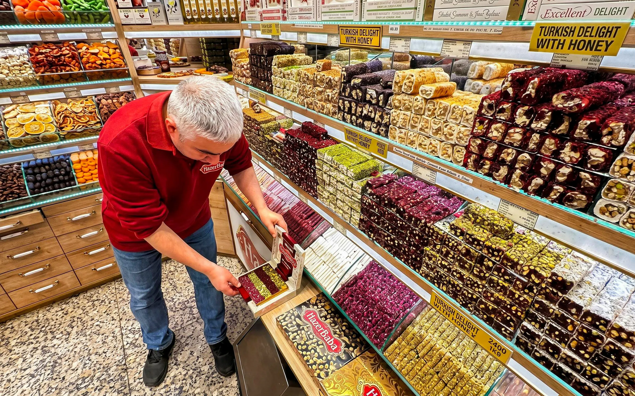 Man arranging Turkish delight in a shop during an Istanbul food tour.