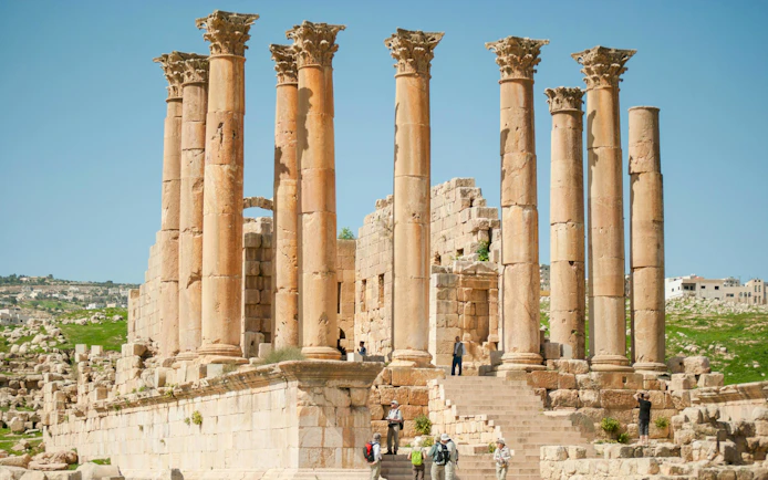 Ancient Roman columns at the archaeological site of Jerash, Jordan.
