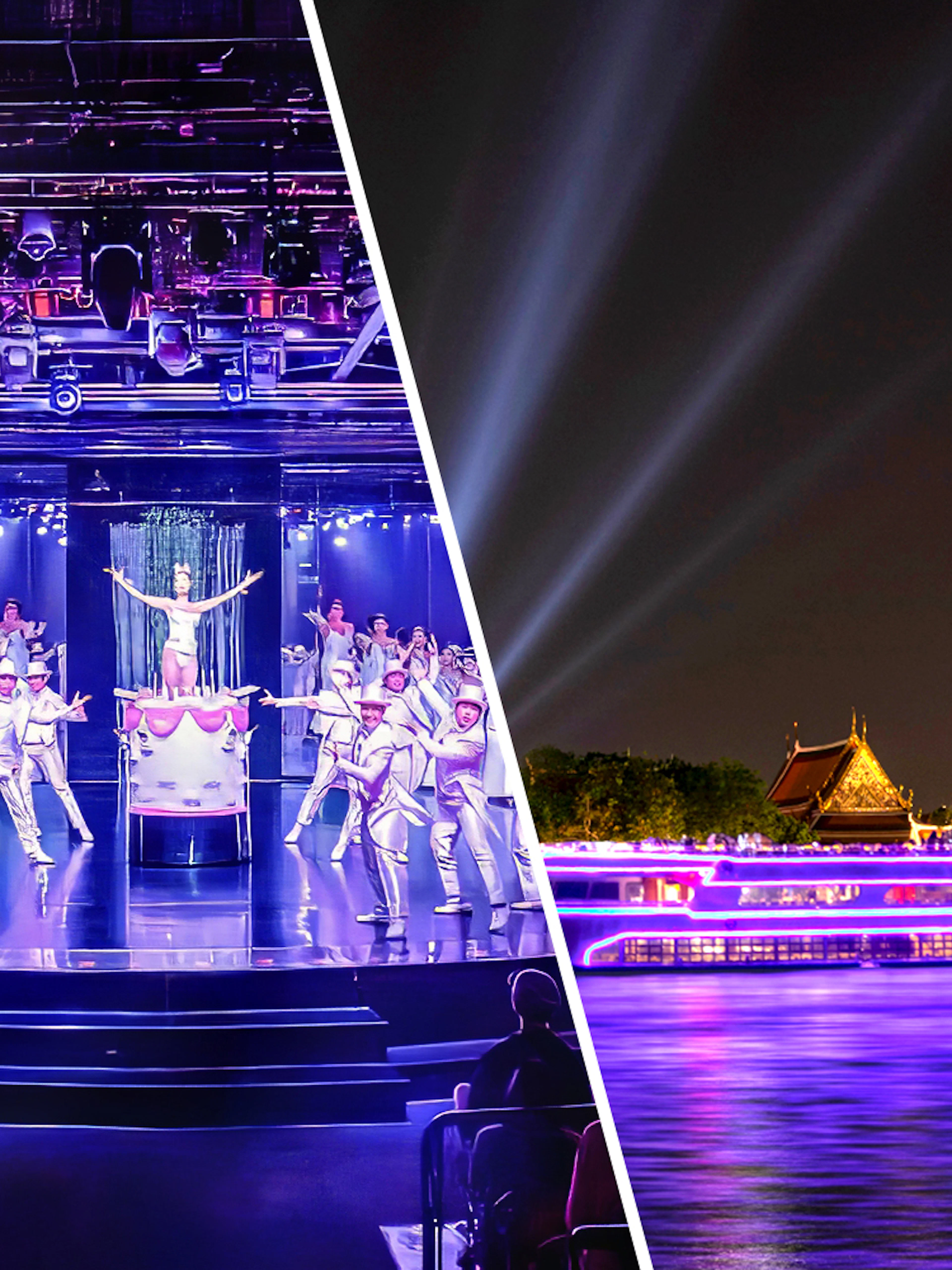 Calypso Cabaret performers on stage and White Orchid River Cruise at night in Bangkok.