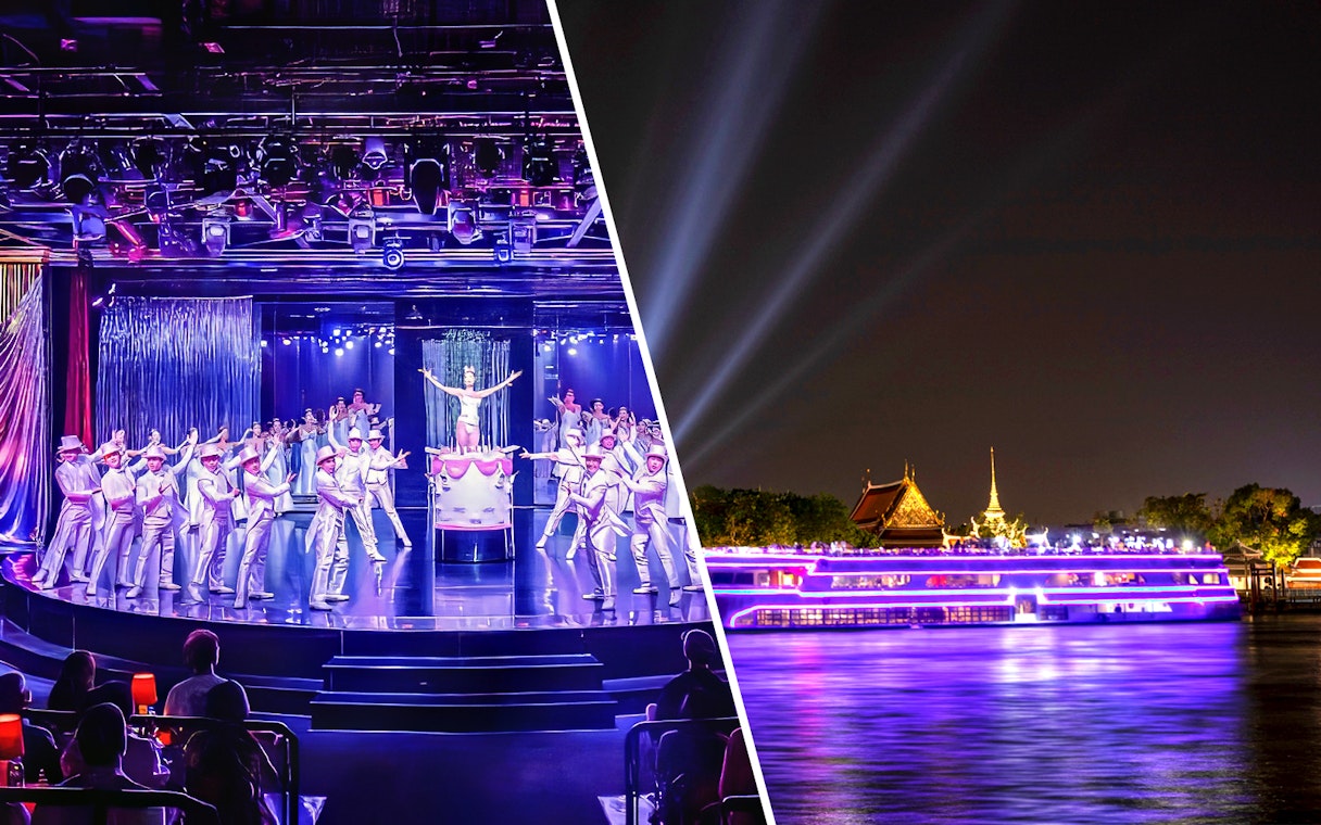 Calypso Cabaret performers on stage and White Orchid River Cruise at night in Bangkok.