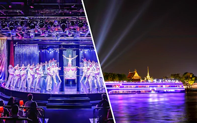 Calypso Cabaret performers on stage and White Orchid River Cruise at night in Bangkok.