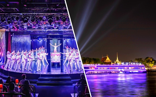 Calypso Cabaret performers on stage and White Orchid River Cruise at night in Bangkok.