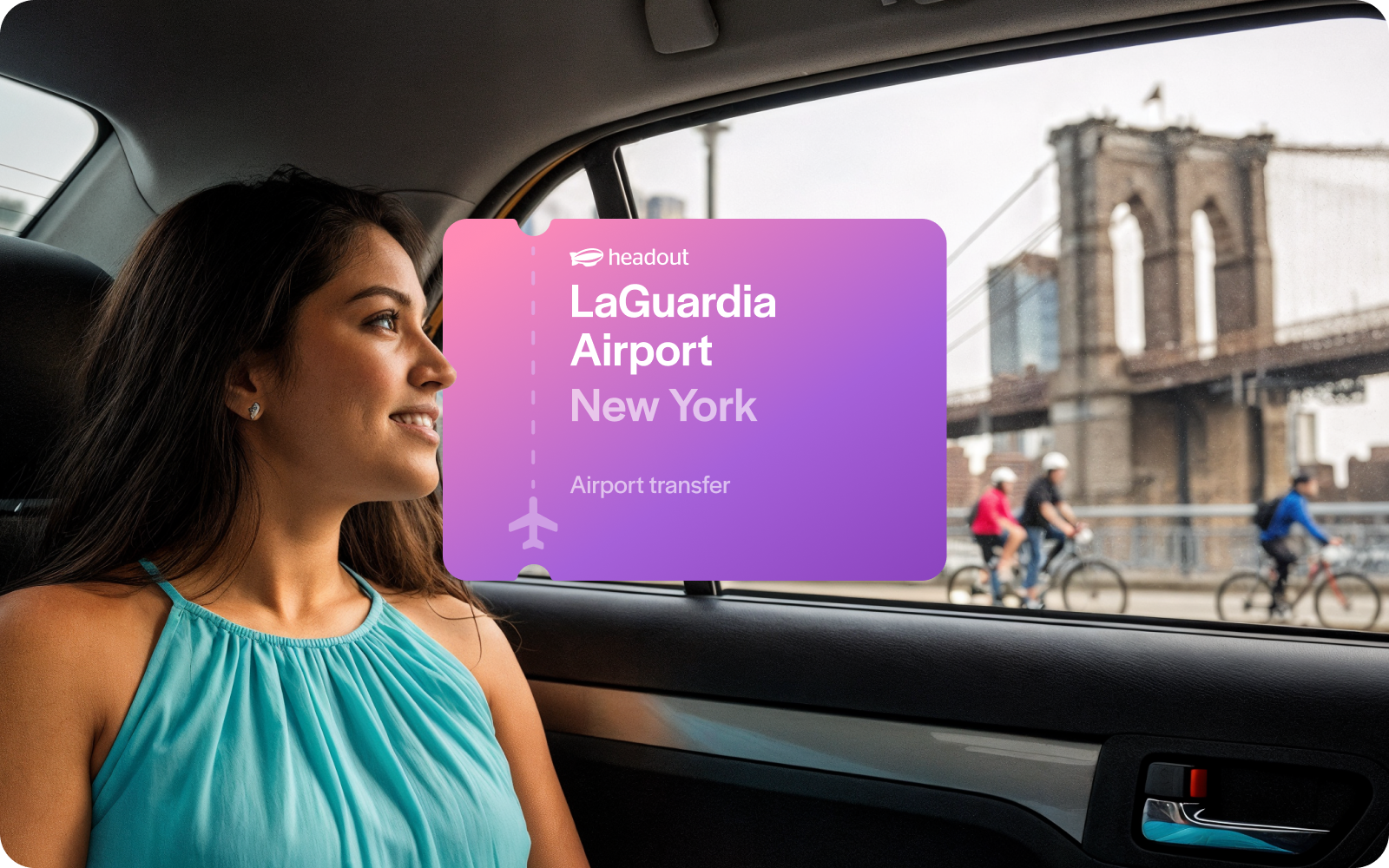 Woman in car with view of Brooklyn Bridge, New York, during LaGuardia Airport transfer.