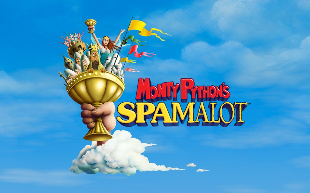 Monty Python's Spamalot logo with a hand holding a grail against a blue sky.
