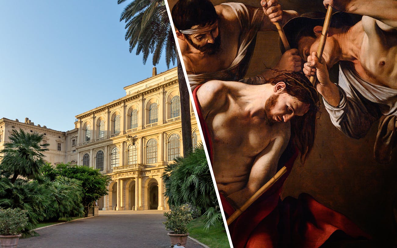 Palazzo Barberini exterior and Caravaggio painting exhibition in Rome.