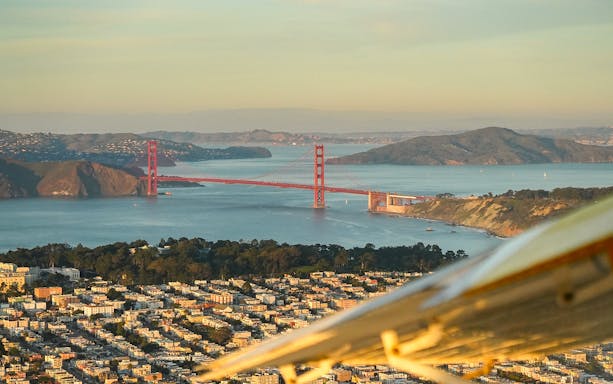 Aerial view of Golden Gate Bridge from seaplane over San Francisco Bay.