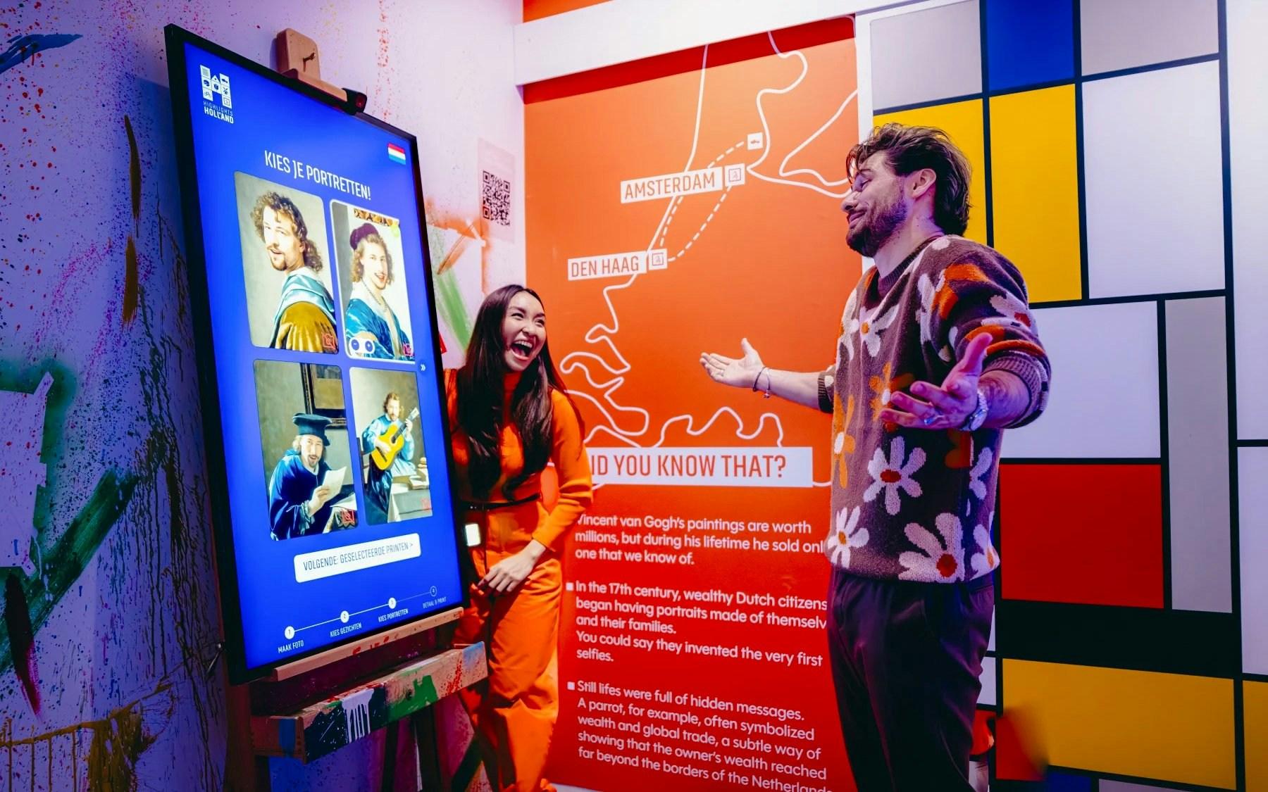 Interactive art display in the Highlights of Holland art room with visitors engaging.