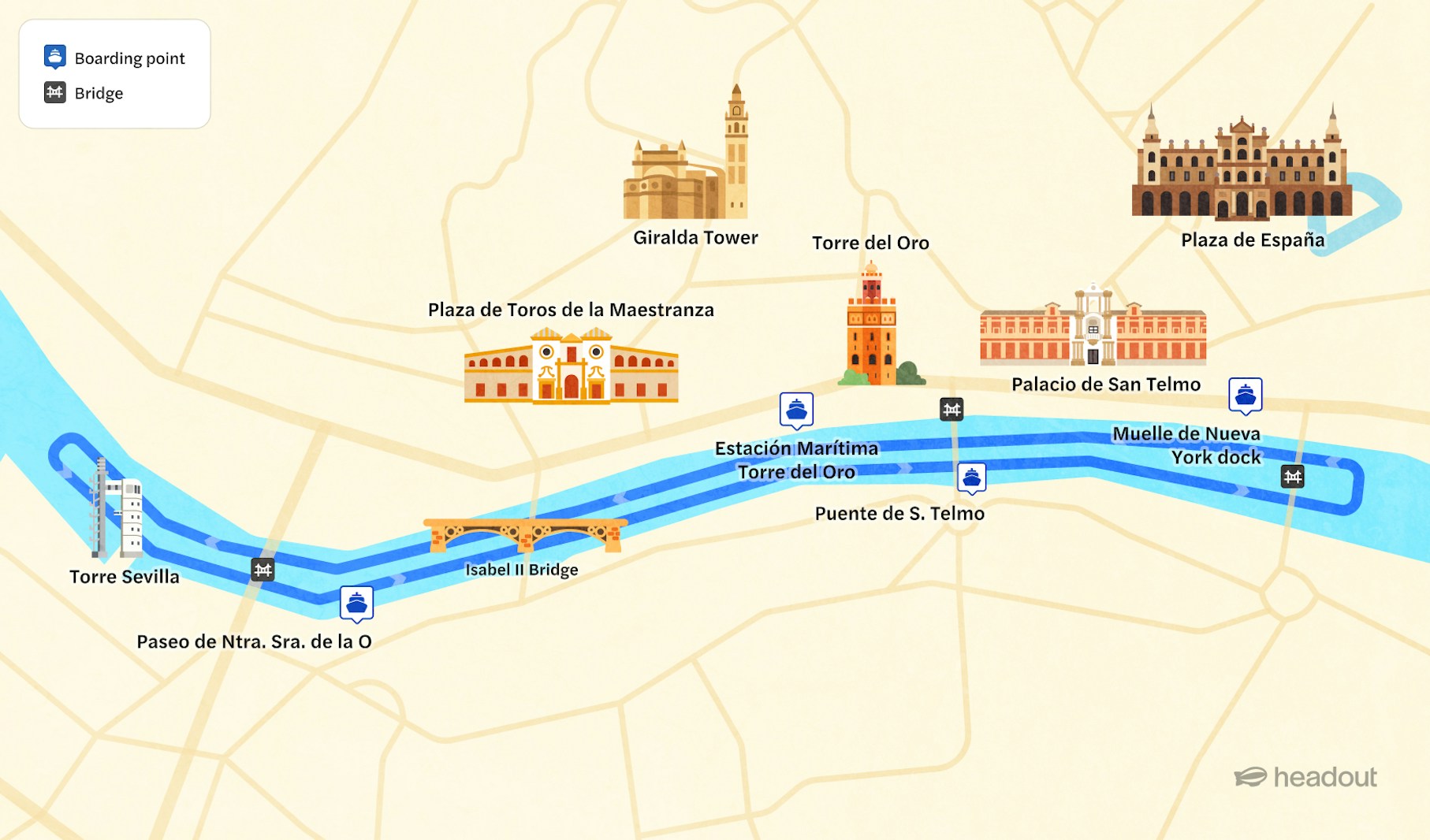 Seville river cruises map
