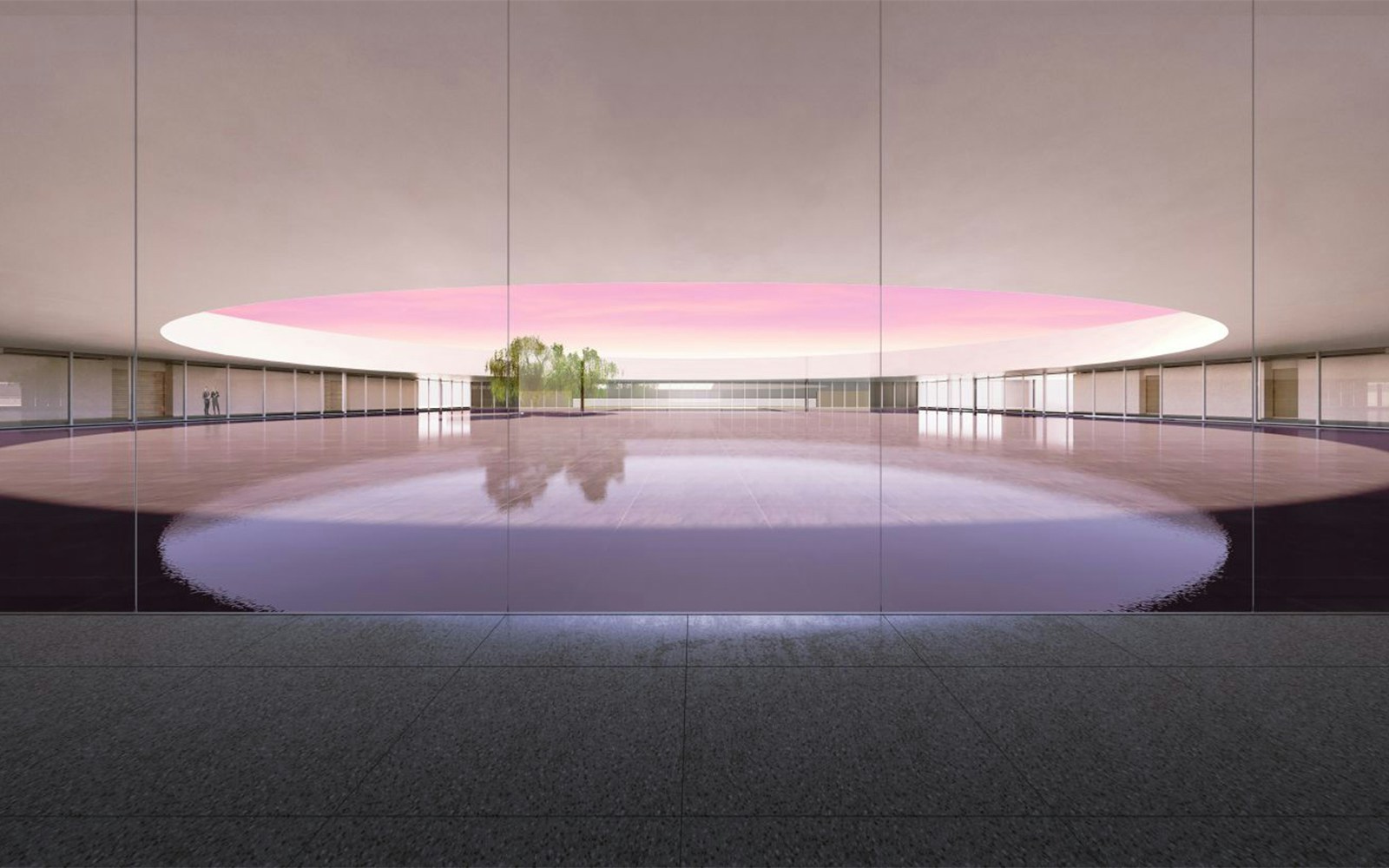 Reflective pool under a circular opening at Expo 2025 Osaka venue.