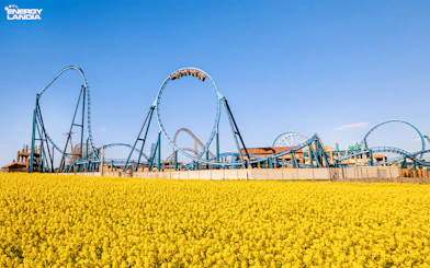 Rollercoaster at Energylandia Theme Park, Zator, Poland, with yellow flowers in foreground.