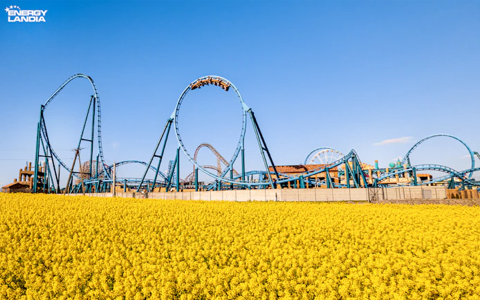 Rollercoaster at Energylandia Theme Park, Zator, Poland, with yellow flowers in foreground.