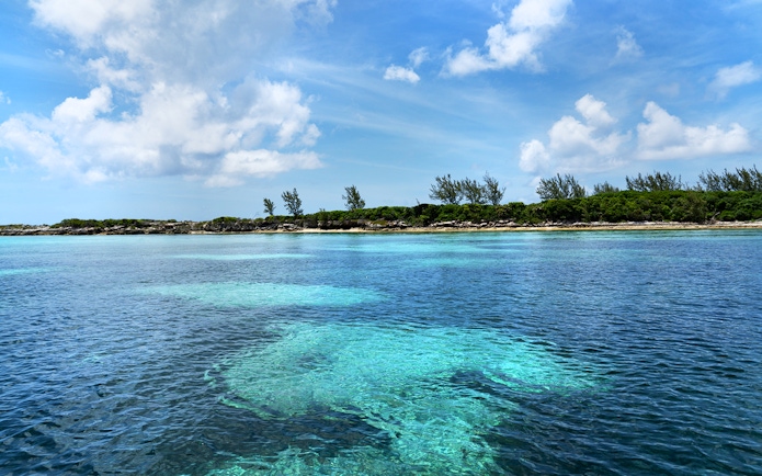 Turquoise waters and lush shoreline of Green Cays, Nassau, Bahamas.