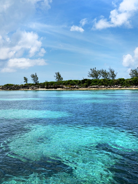 Turquoise waters and lush shoreline of Green Cays, Nassau, Bahamas.