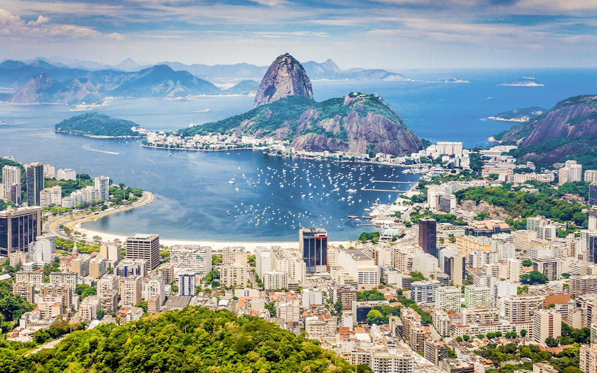 Panoramic view of Rio de Janeiro with Sugarloaf Mountain and Guanabara Bay.