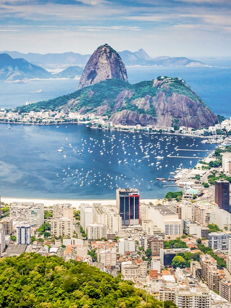 Panoramic view of Rio de Janeiro with Sugarloaf Mountain and Guanabara Bay.