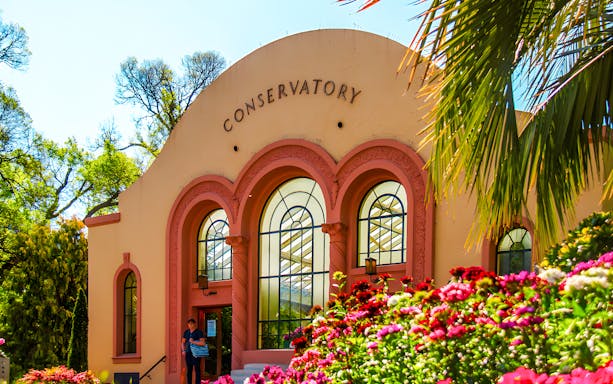 Conservatory entrance with floral display, Fitzroy Gardens, Melbourne.