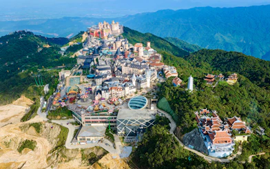 Aerial view of Ba Na Hills, showcasing castles, buildings, and streets in Da Nang, Vietnam.