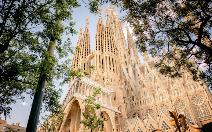 Sagrada Familia basilica with intricate spires and facade in Barcelona, Spain.