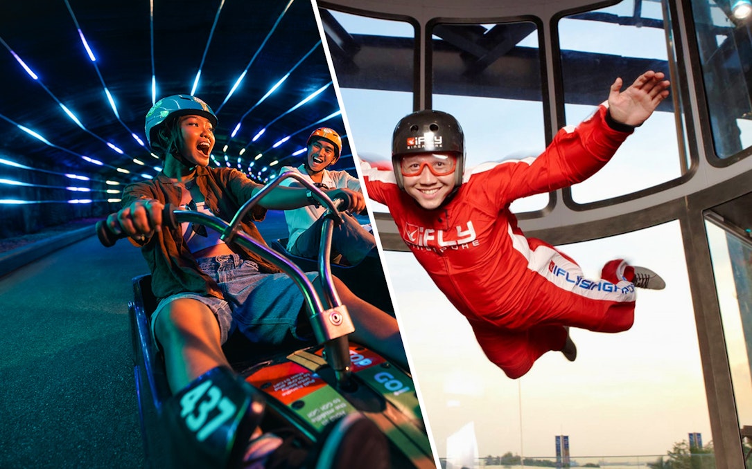 Skyline Luge riders and iFly Singapore indoor skydiver in action.