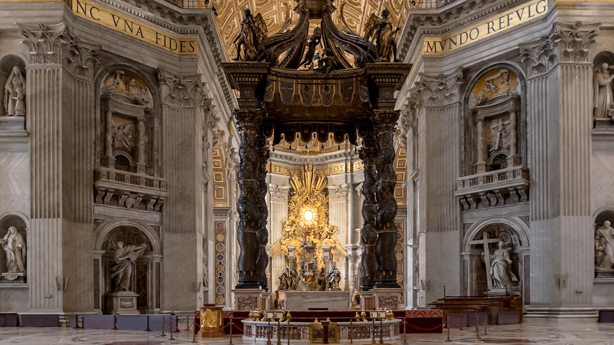 Canopy over main altar of St. Peter's Basilica in Vatican City, showcasing intricate architectural details.