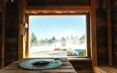 Thermal pool view from wooden sauna at Terma Bania, Białka Tatrzańska, near Zakopane.