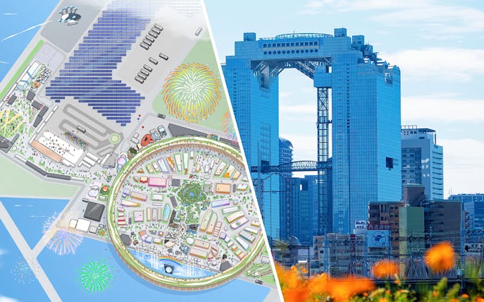 Osaka Expo site map and Umeda Sky Building in Osaka, Japan.