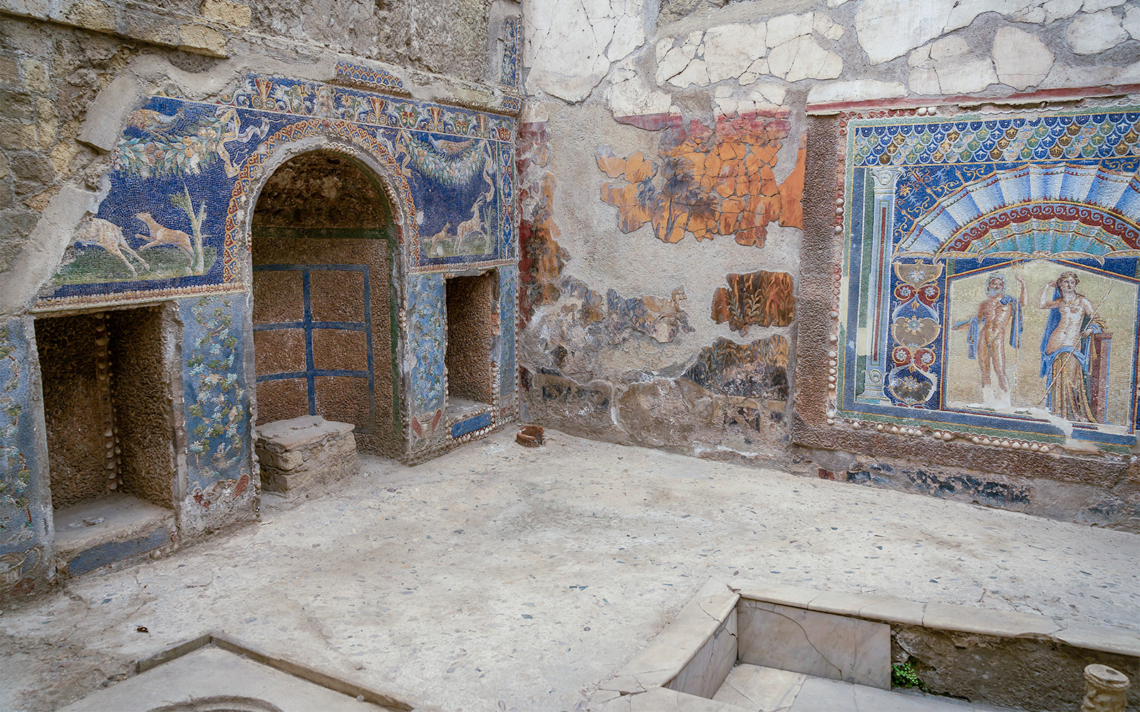 Herculaneum House of Neptune mosaic with vibrant mythological scenes and intricate designs.