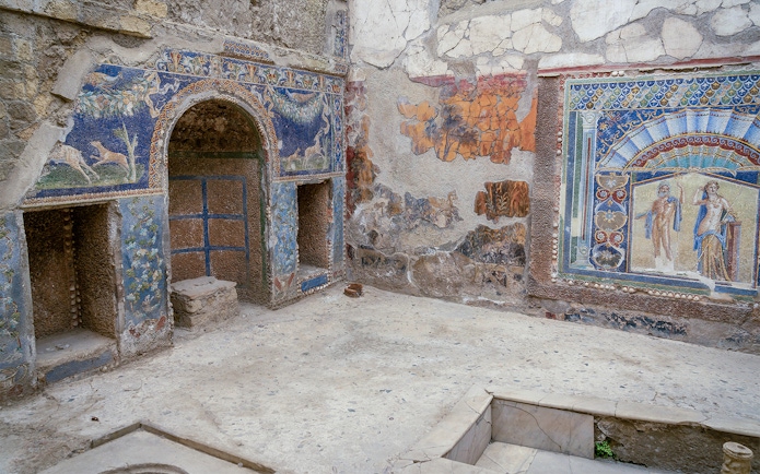 Herculaneum House of Neptune mosaic with vibrant mythological scenes and intricate designs.