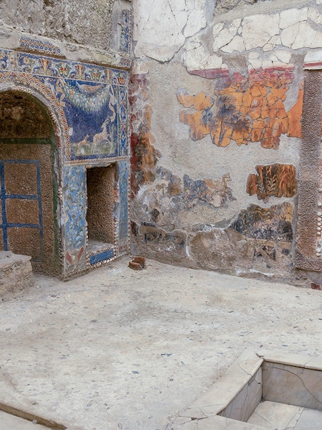 Herculaneum House of Neptune mosaic with vibrant mythological scenes and intricate designs.