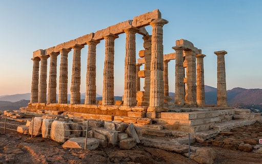 Ruins of Poseidon Temple at Cape Sounion during dawn, Greece.