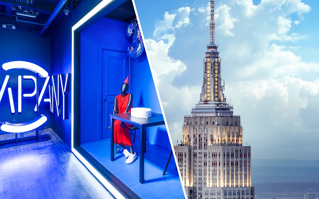 Museum of Broadway exhibit with mannequin and Empire State Building in New York City.