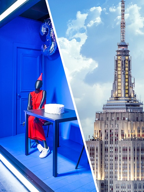 Museum of Broadway exhibit with mannequin and Empire State Building in New York City.
