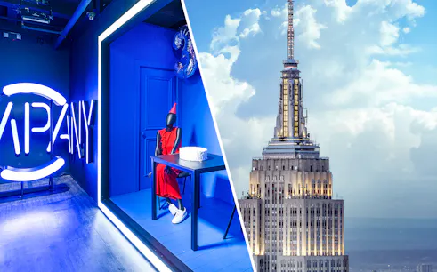 Museum of Broadway exhibit with mannequin and Empire State Building in New York City.