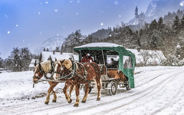 Horse-drawn carriage in snow near Neuschwanstein Castle, Germany.