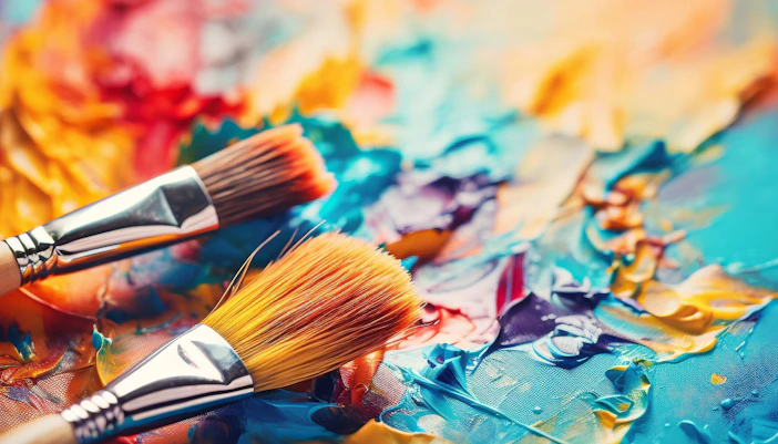 Paintbrushes on a vibrant color palette with mixed paints.
