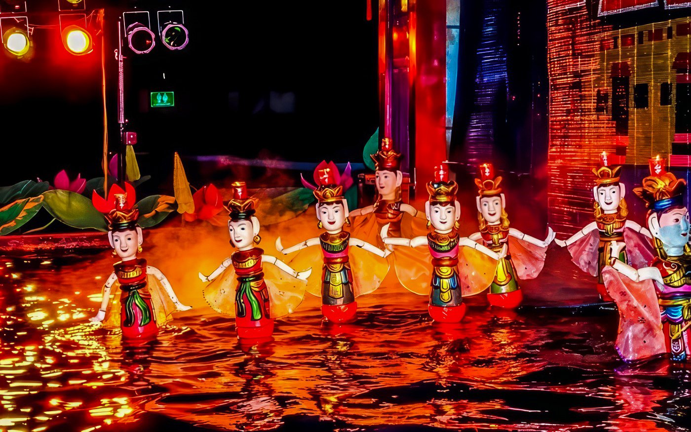 Thang Long Water Puppet Show with colorful puppets performing on water.