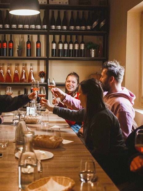 Group enjoying wine tasting at a table in Zadar during Krka National Park tour.