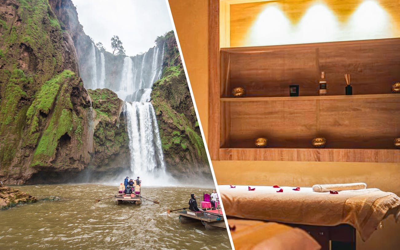 Boat ride near Ouzoud waterfalls, Morocco, with tourists on a raft.