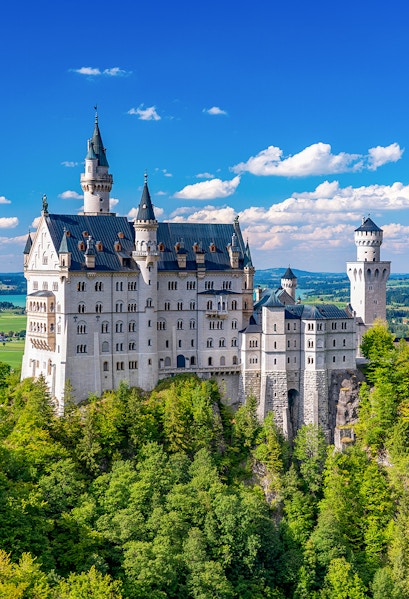 Neuschwanstein Castle in Bavaria, Germany, surrounded by lush green forest.